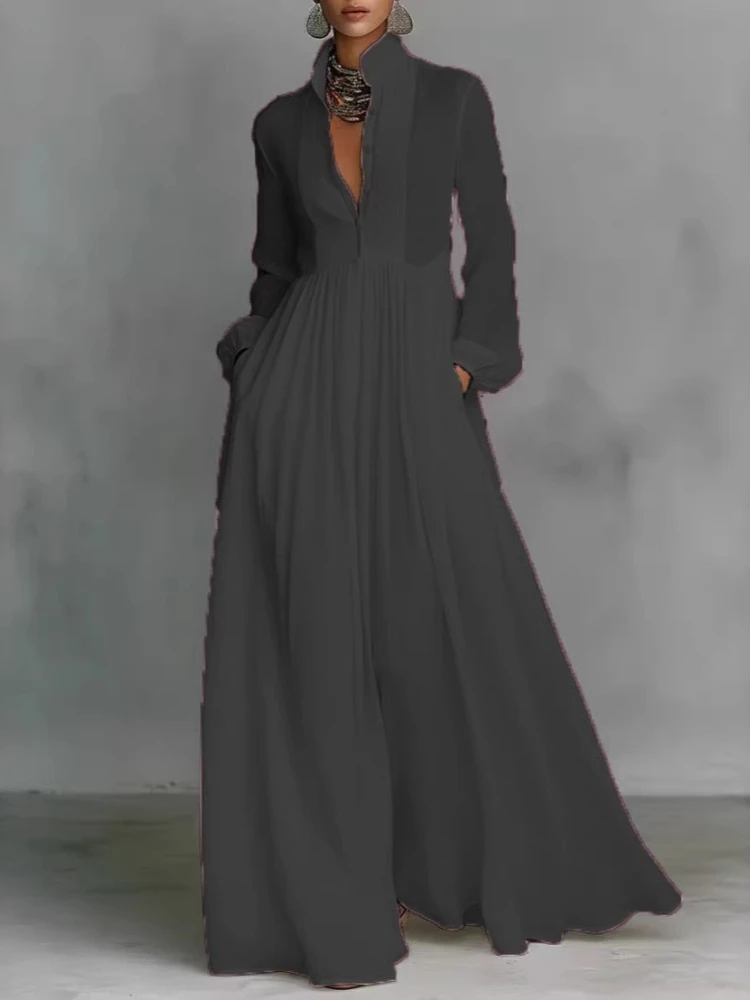 Elegant High Waist Swing Long Dress Woman Spring Solid Pockets Pleated Maxi Dress Spring Autumn Long Sleeve Button Evening Dress - Image 4