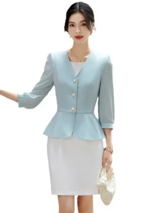 Women Casual 2 Pieces Set 2024 New Fashion Lantern Sleeve Jacket + White Dress Suit Office Ladies Business Blazers Skirt Set