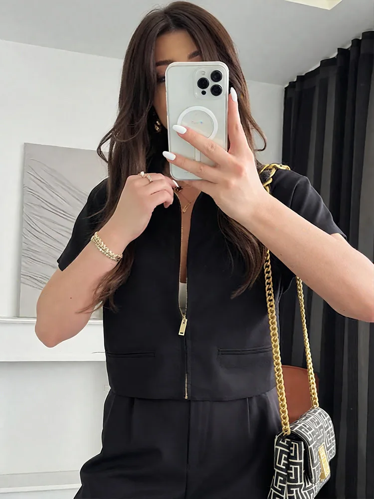 HXAO Cropped Women's Jackets With Zipper Outerwears Top Summer Crop Cardigan Short -Sleeved Female Jacket Black Short Coats - Image 3