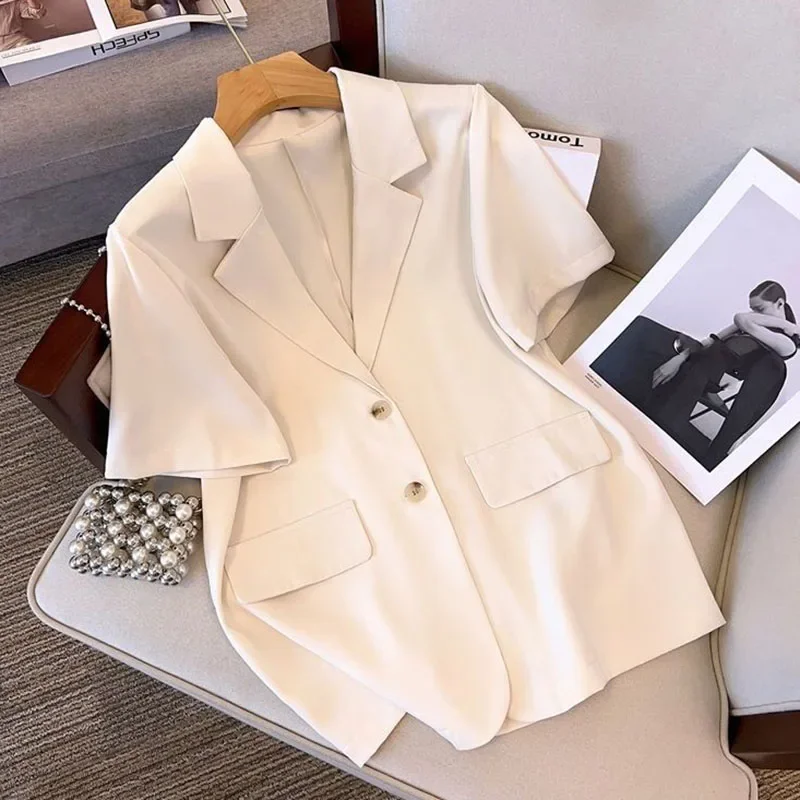 Summer Short Sleeve Blazer Women Korean Fashion Single-breasted Office Lady Suit Jacket Elegant Loose Thin Outwear - Image 2