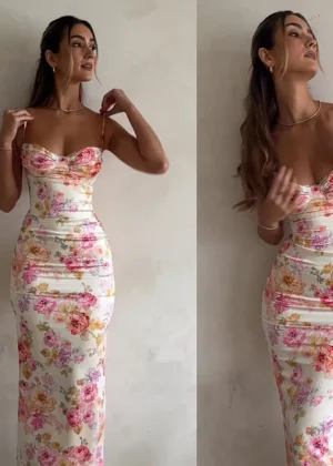 New Floral Suspender Split Slim Sleeveless Patry Beach Style Spaghetti Strap Dress Women Clothes Mini Dress 2024 Summer