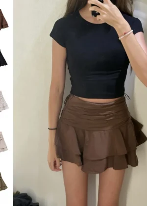 ETJ 2025 women's summer new sexy fashion hot girl style flouncy stacked decoration mid-waist short skirt pants