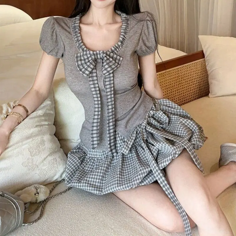 Vintage Japan Style Plaid A-line Ball Gown Mini Skirts Women's Clothing Summer Fashion Drawstring Bow Sweet Short Skirts - Image 4