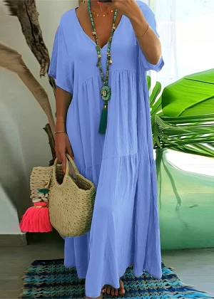 plus Size Women's Casual Loose V-Neck Solid Long Dress Spring Summer Pleated Big Size Women's Dress