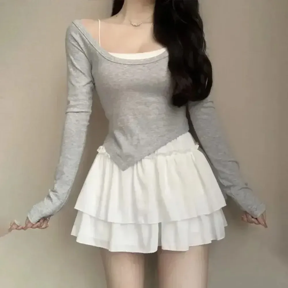 Summer Kawaii Pleated A-Line Skirt for Women White Ruffle Tiered Sweet Style Elastic Waist Summer Slim Korean Harajuku Dress - Image 3