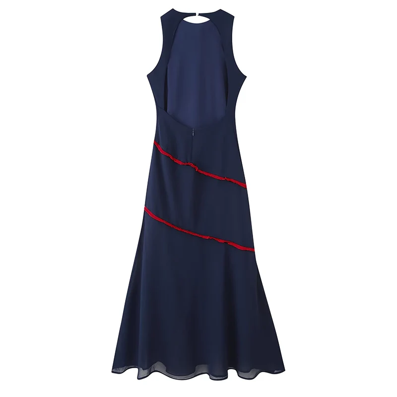 Summer O-neck Sleeveless Patchwork Contrasting Tassel Decoration Long Dress Women Backless Chiffon Hem Dress Female Sexy Wear - Image 2