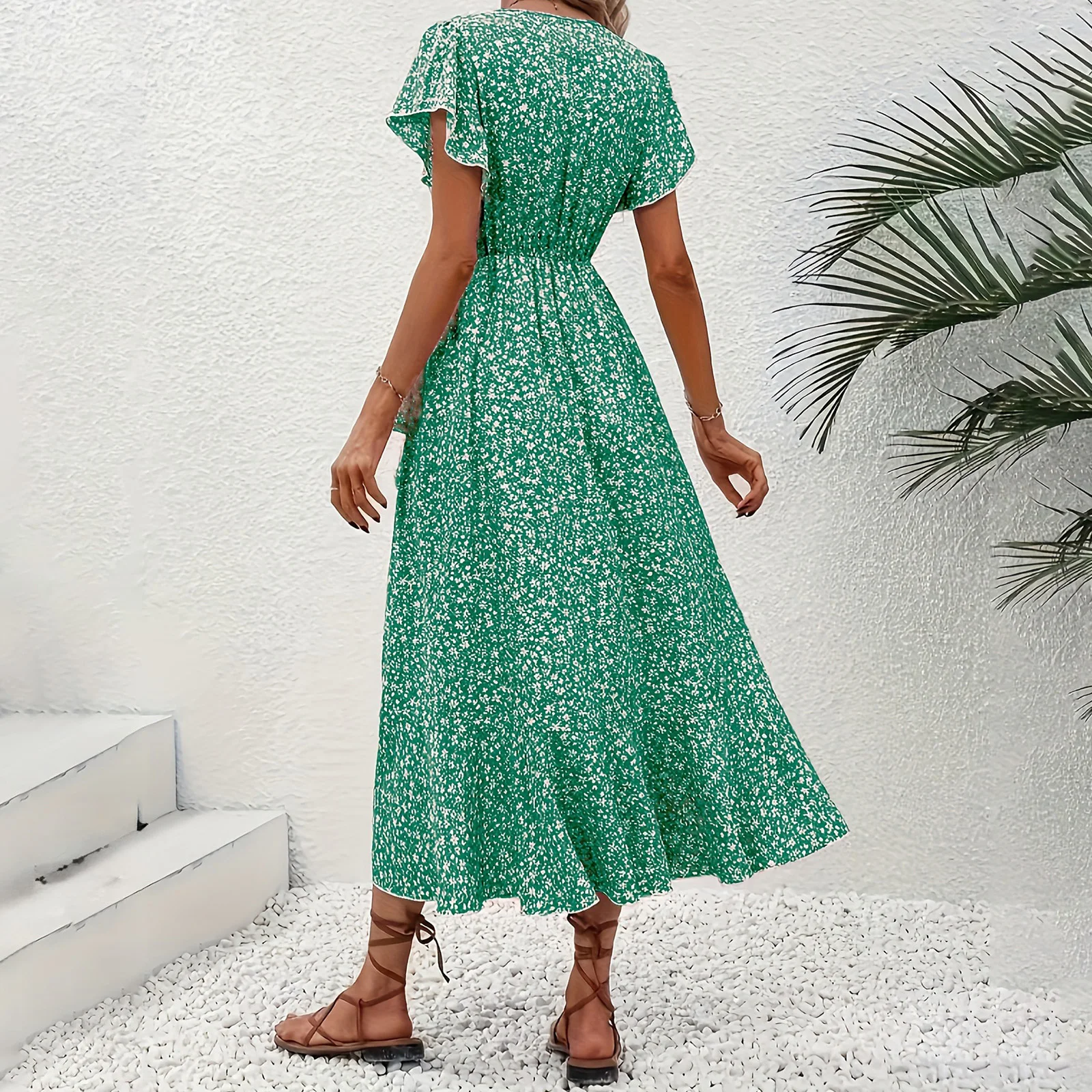 Women's Summer Flower Print Ruffle Dress Fashion 2025 Elegant Short Sleeve Wrap V Neck Tie Side Dresses - Image 3
