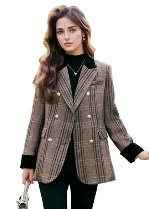 Autumn Winter New Blazer Coats Women's Woolen Jackets Long Sleeve Plaid Print Vintage Thick Outerwears Elegant Jaqueta Feminina