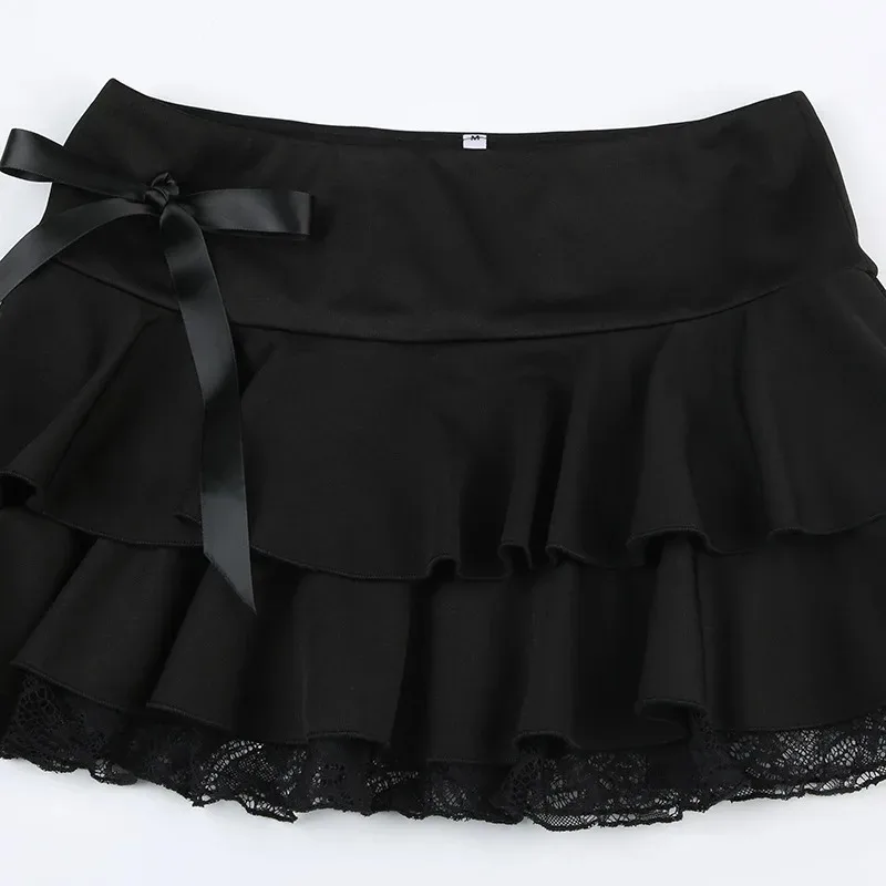 Goth Y2K Black Lace Trim Bow A Line Mini Skirt Women Korean Streetwear - Image 3